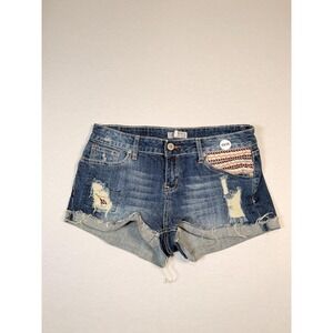 Soundgirl Shorts Juniors 9 Blue Denim Distressed Cut Off Cuffed Embroidered